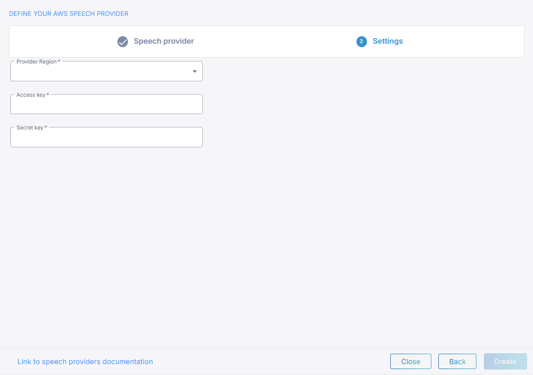 The Amazon speech provider fields