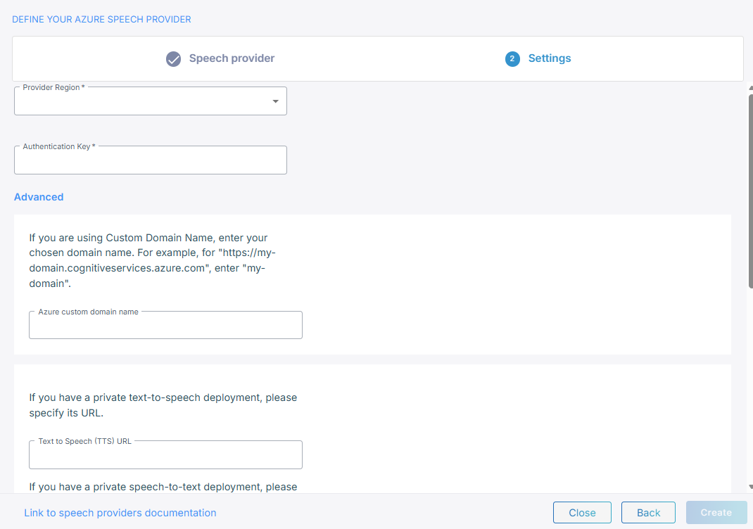The Microsoft speech provider fields