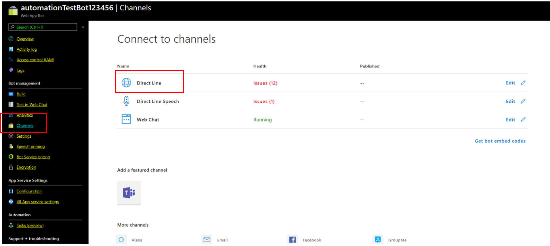 The Channels page in the Azure portal