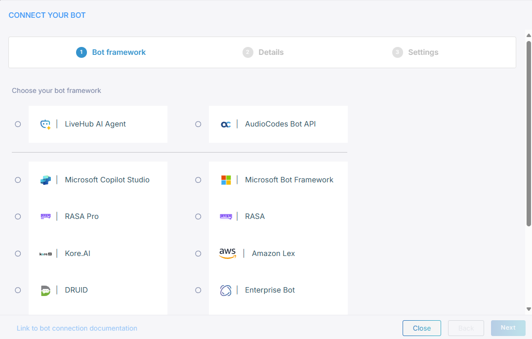 The Connect your assist bot framework picker