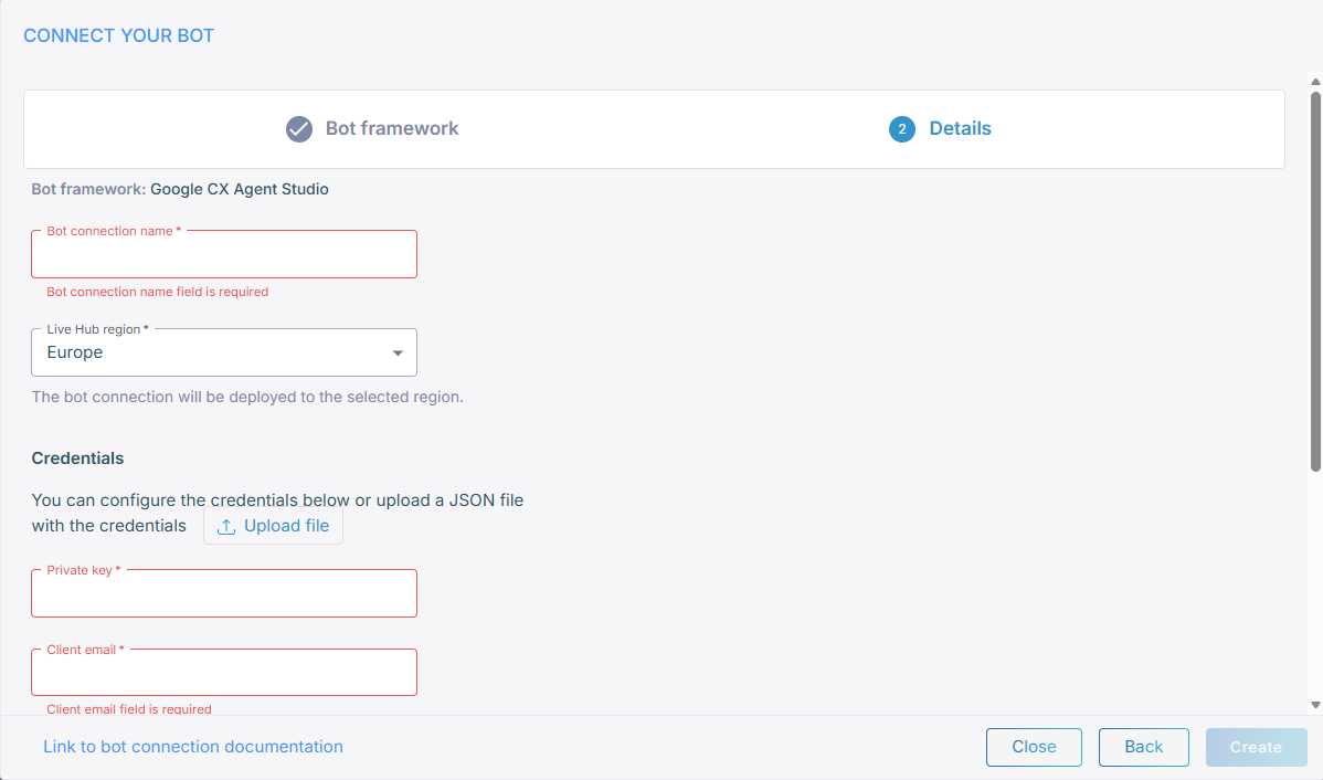 The Google CX Agent Studio connection details