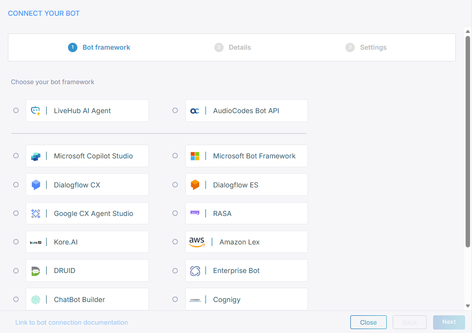 The Connect your Bot framework picker