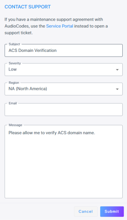 The support request form