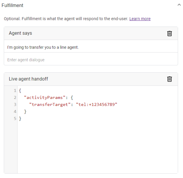 The Live agent handoff fulfillment in the Dialogflow CX console