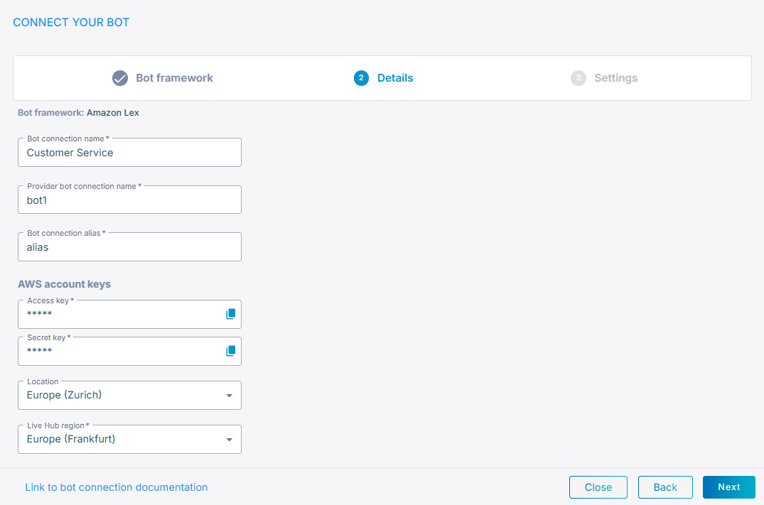The Amazon Lex connection details