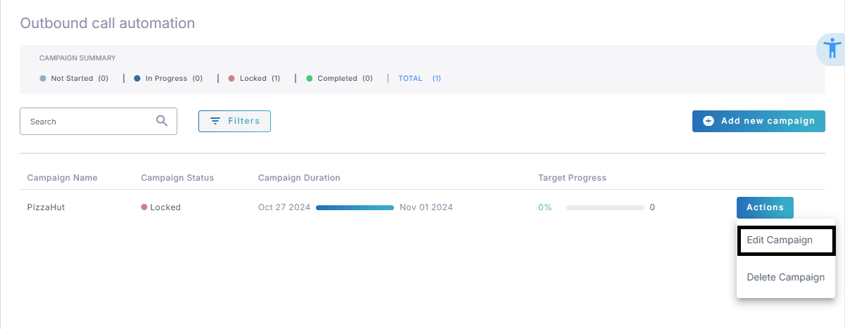 The Actions menu on a campaign