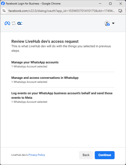 Selecting the WhatsApp Business account