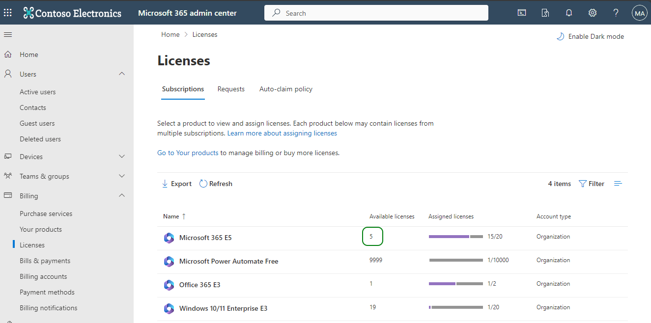 The Licenses screen