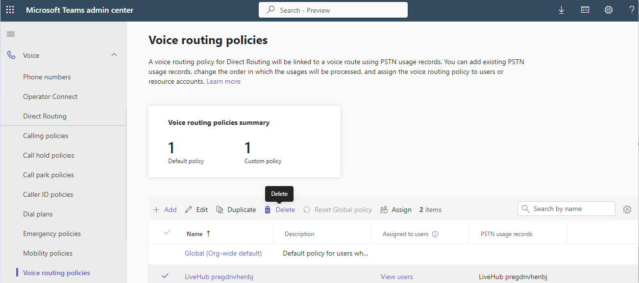 The Live Hub voice routing policy