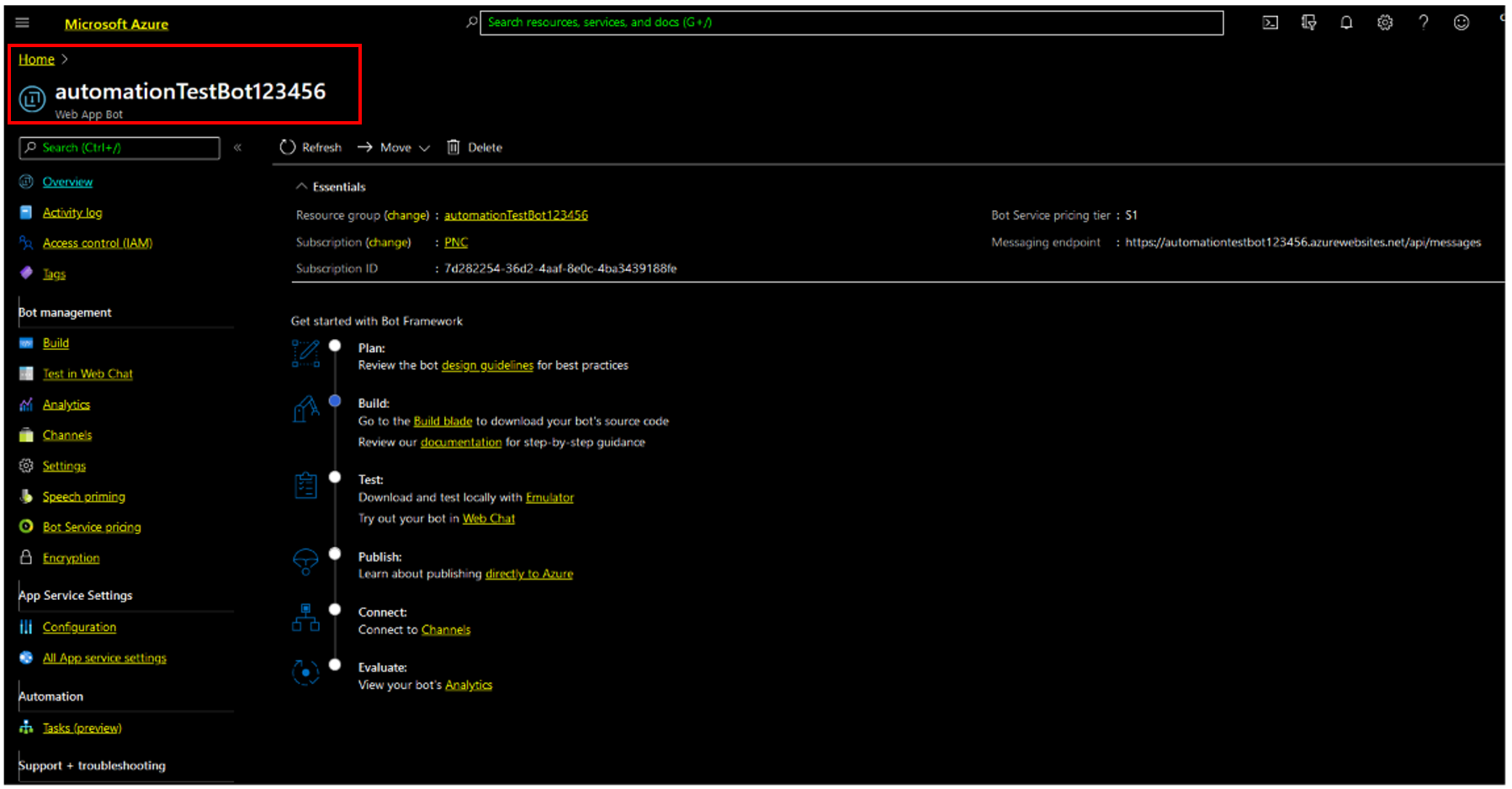 The bot in the Azure portal
