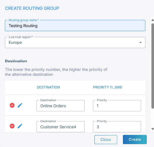 A routing group with two destinations