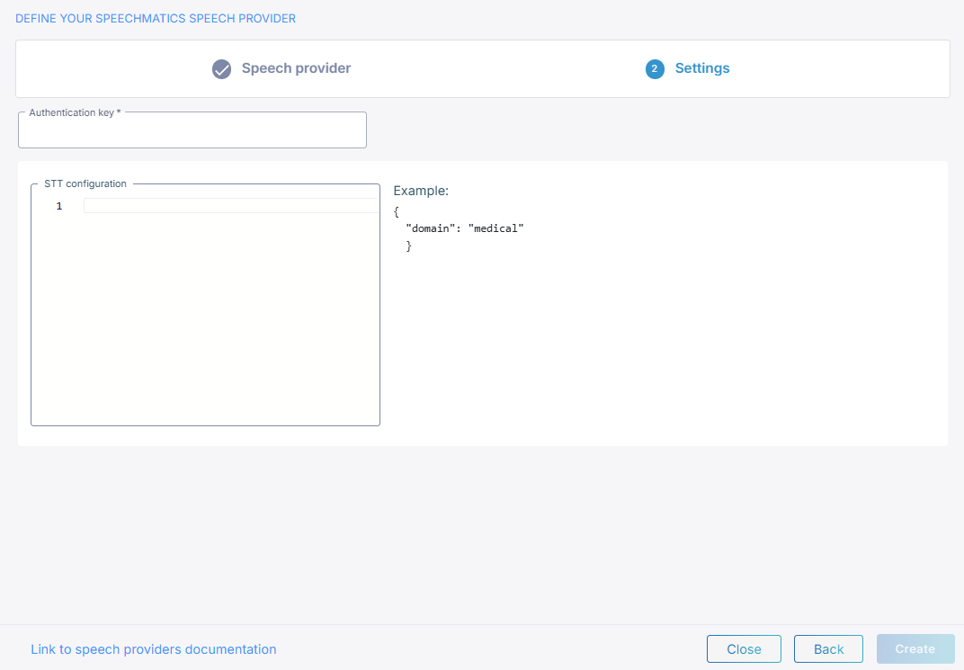 The Speechmatics speech provider fields