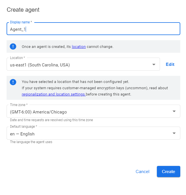 The Create agent page