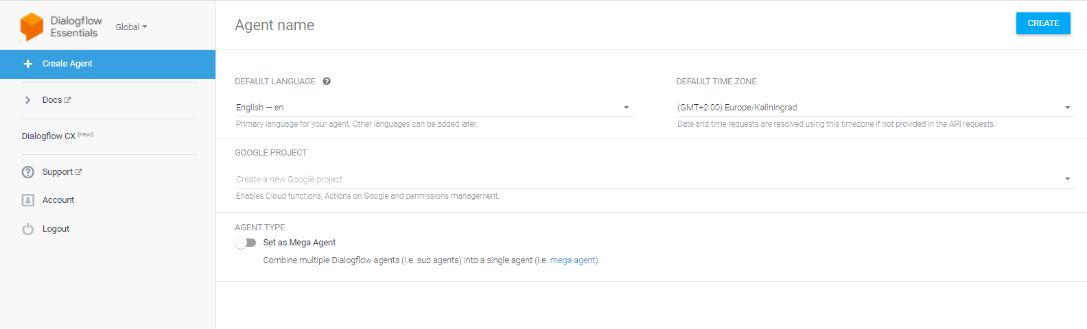 The Create agent page
