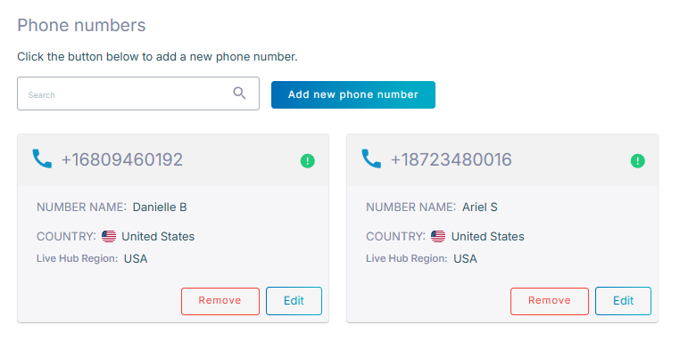 The Phone numbers screen