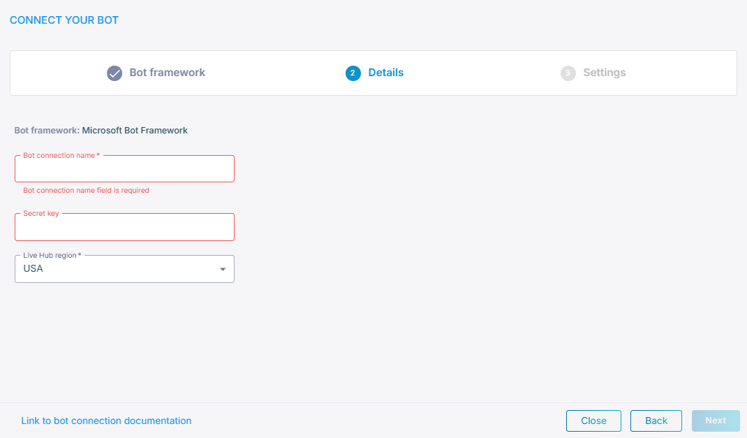 The Microsoft Bot Framework connection details