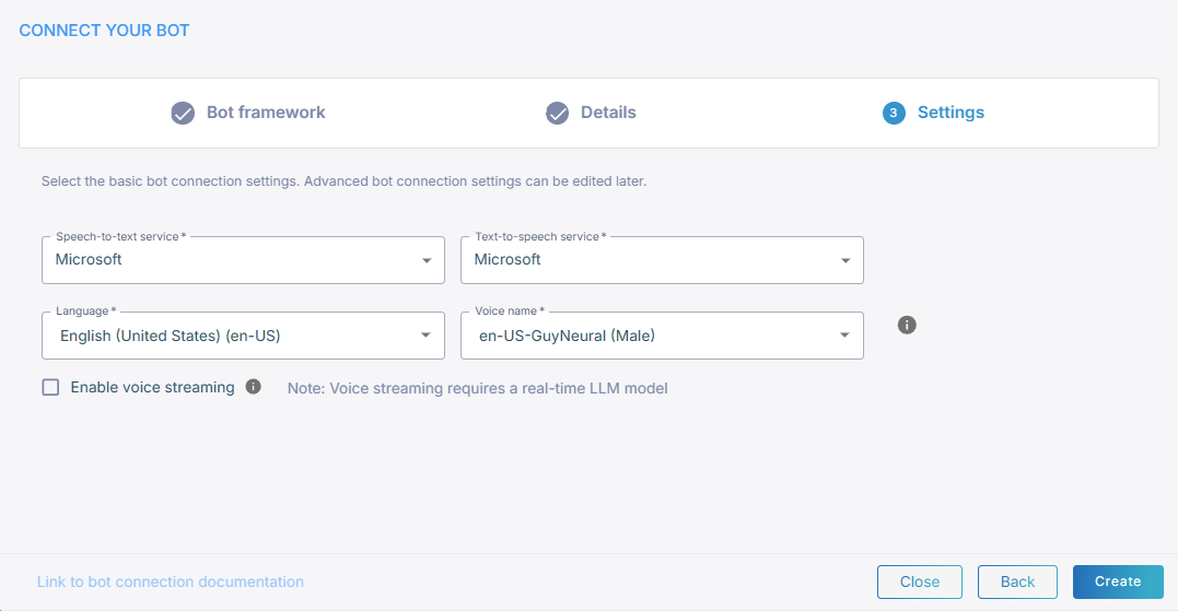 The bot connection settings
