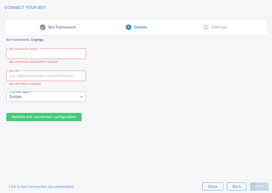 The bot connection details, with the chosen framework shown