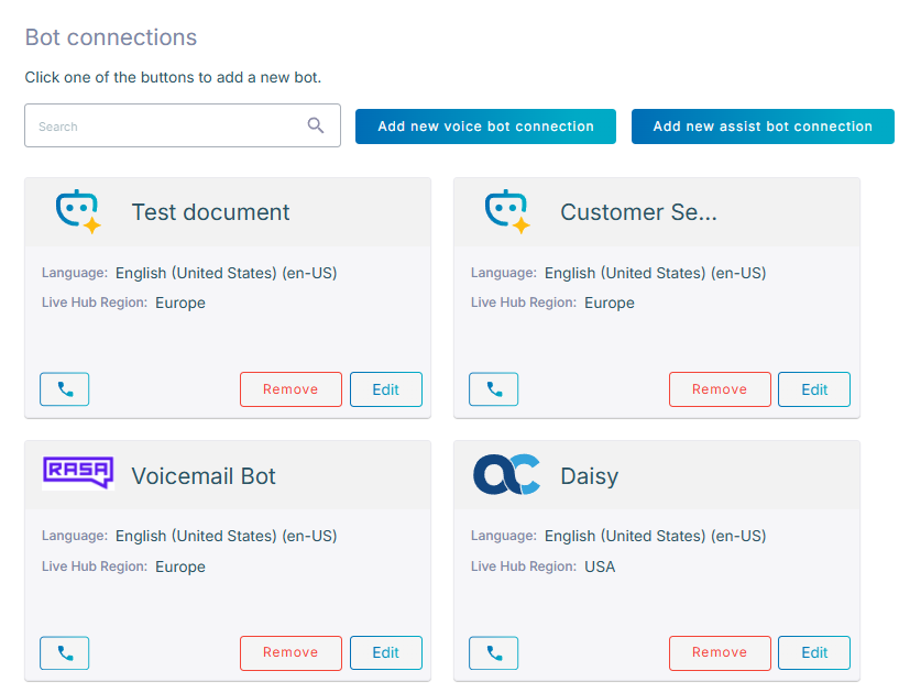 The Bot connections screen