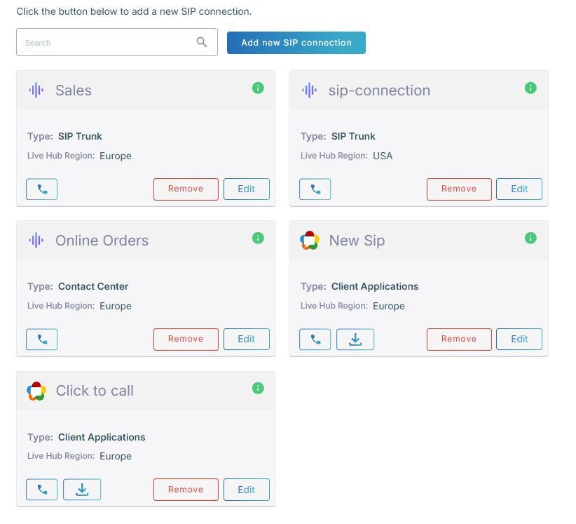 The SIP connections screen