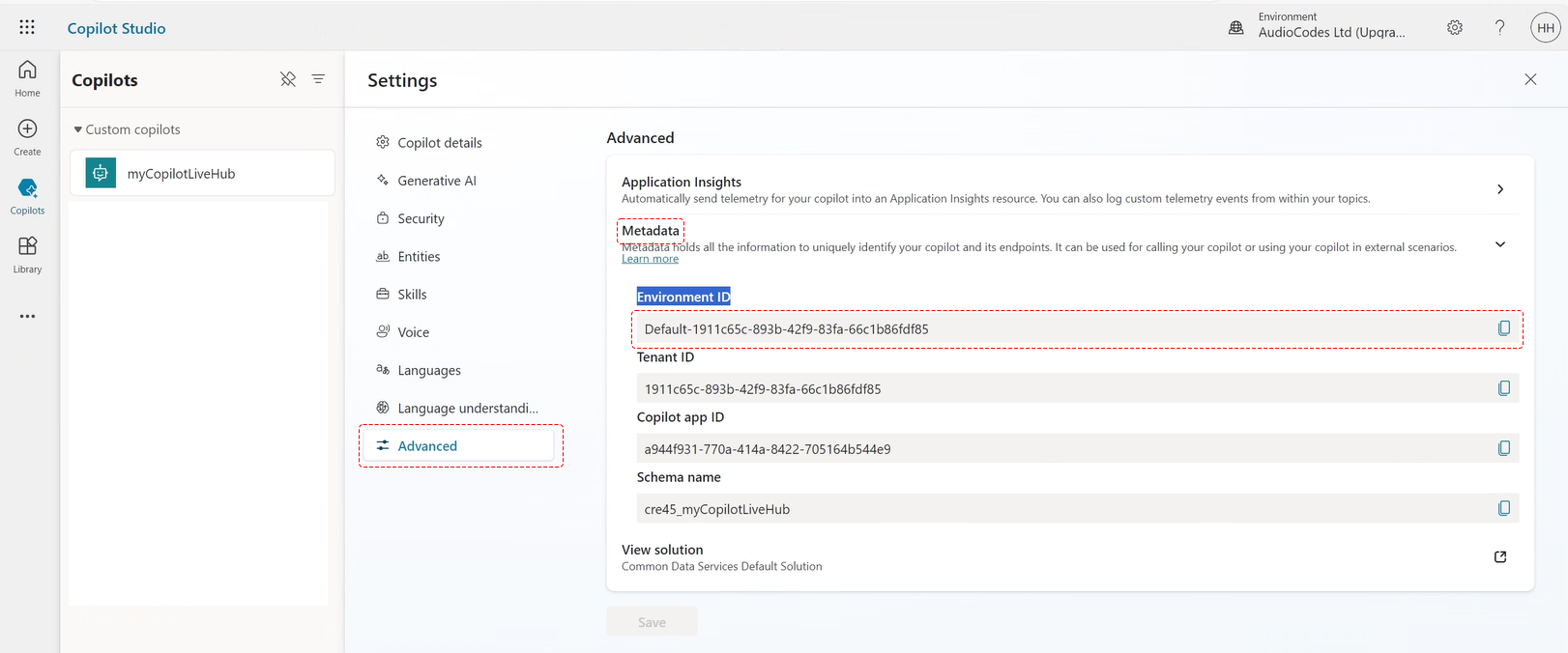 The Metadata group showing the environment ID