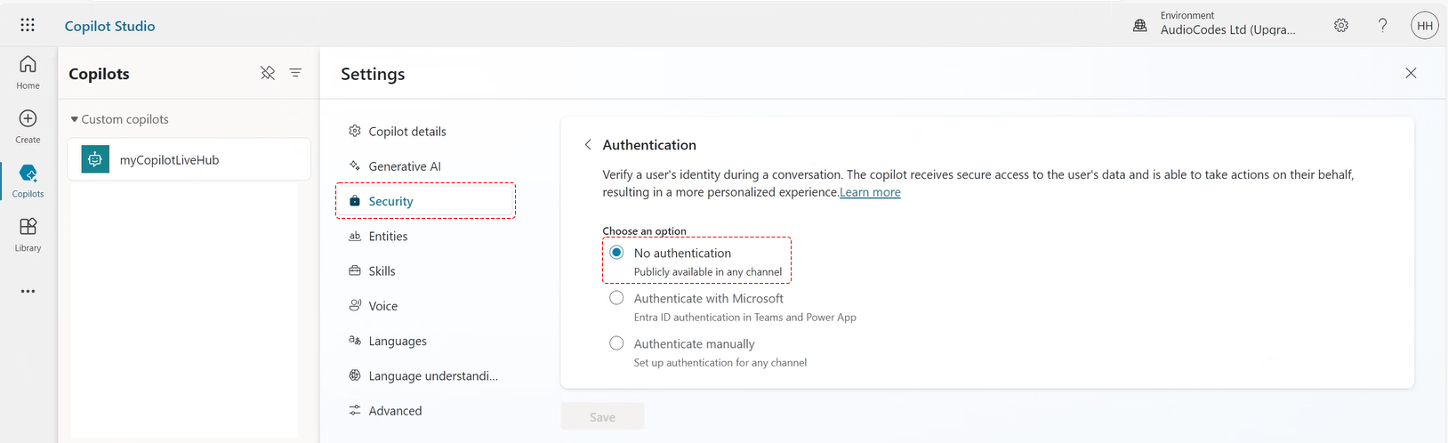 The authentication setting in Copilot Studio