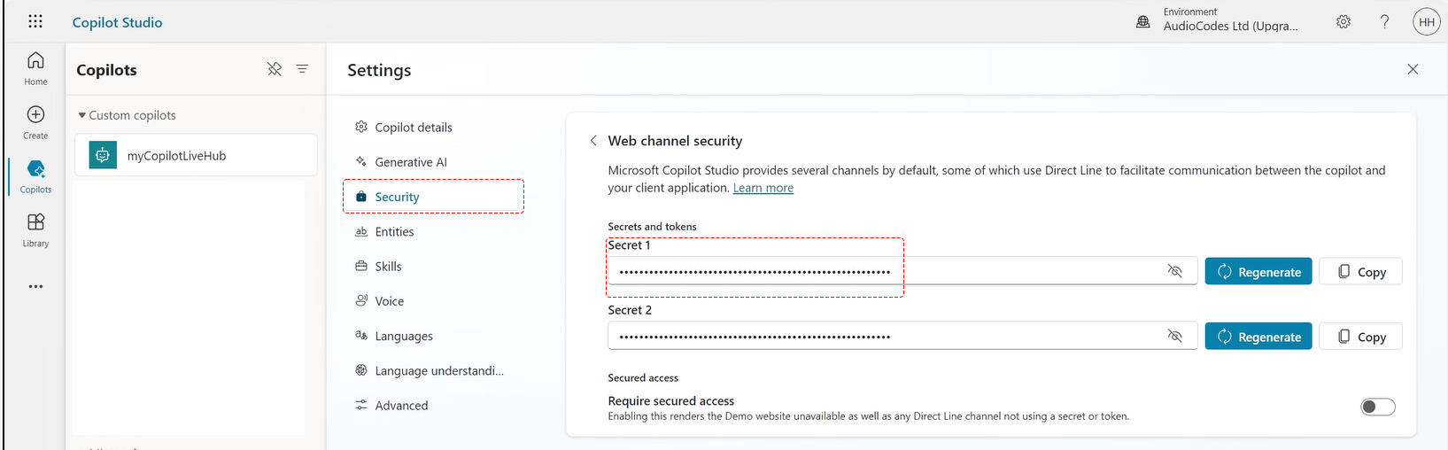The web channel security page with the secret key
