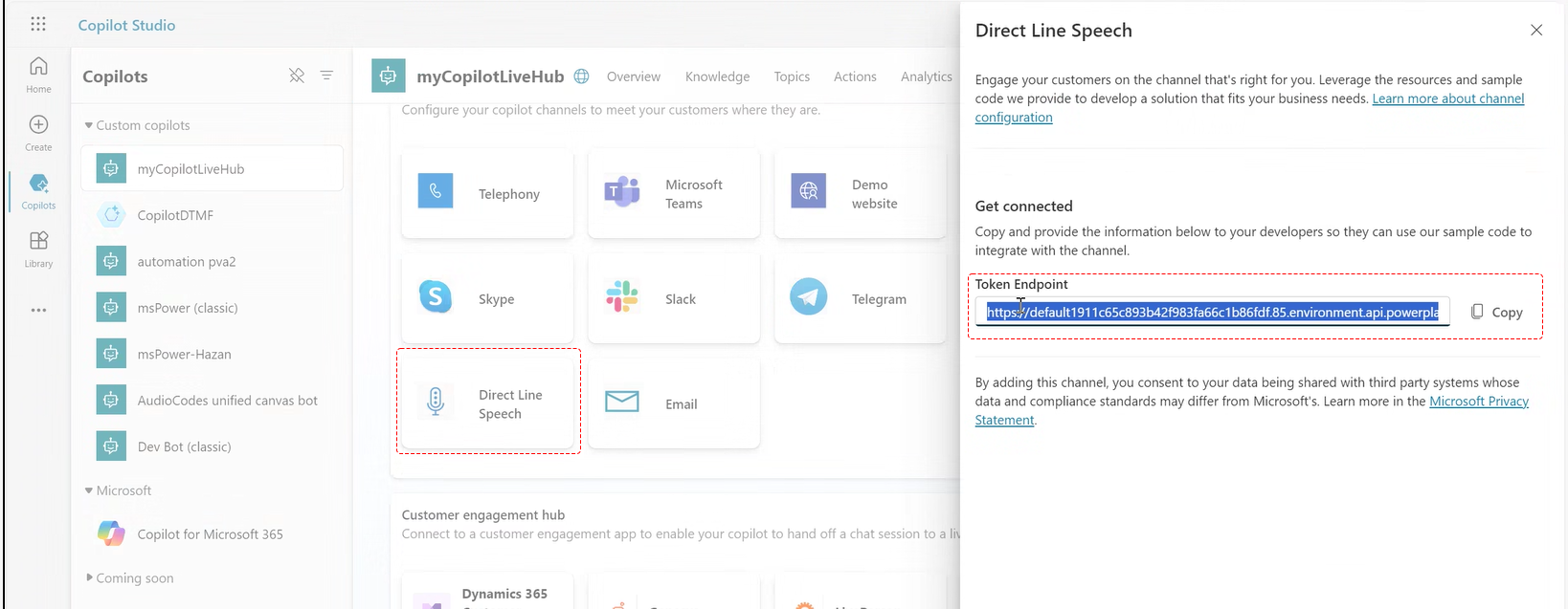 The Direct Line Speech pane with the token endpoint URL