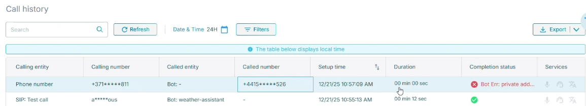 Masked numbers in call history