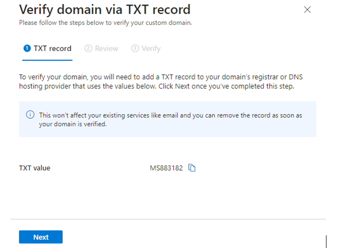 The Verify domain via TXT record page