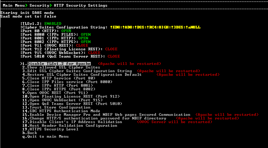 HTTP Security Settings Menu Options